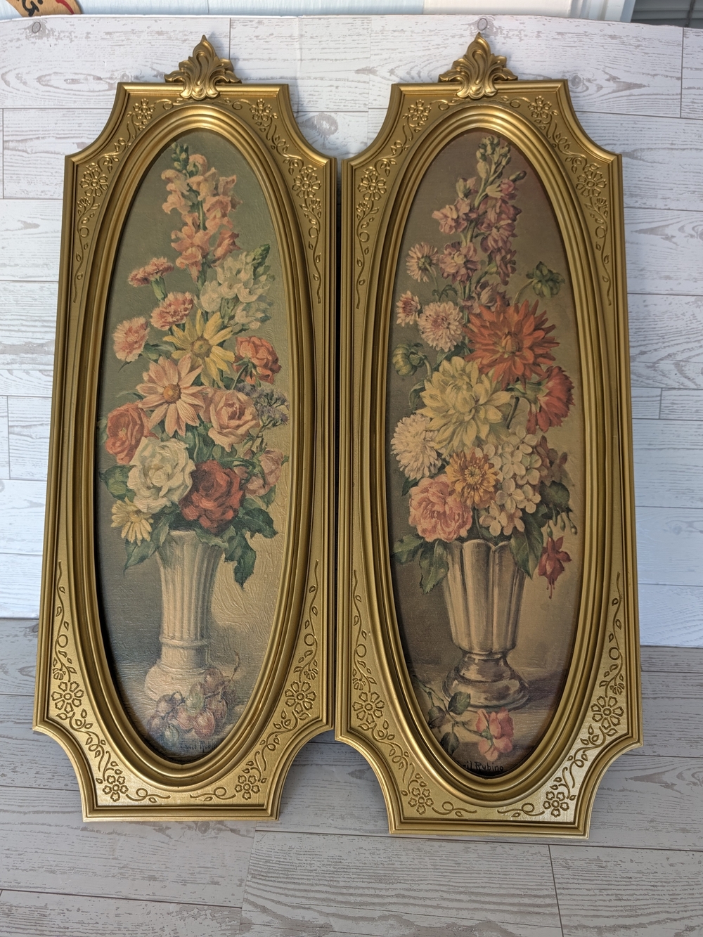 Vintage 1964 Cecil Rubino Floral Art Prints Pair - Dart Industries Gold Frames
